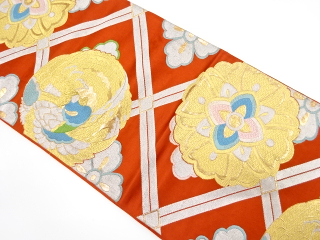 アンティーク　斜め格子に鳳凰・華紋織り出し袋帯（着用可）